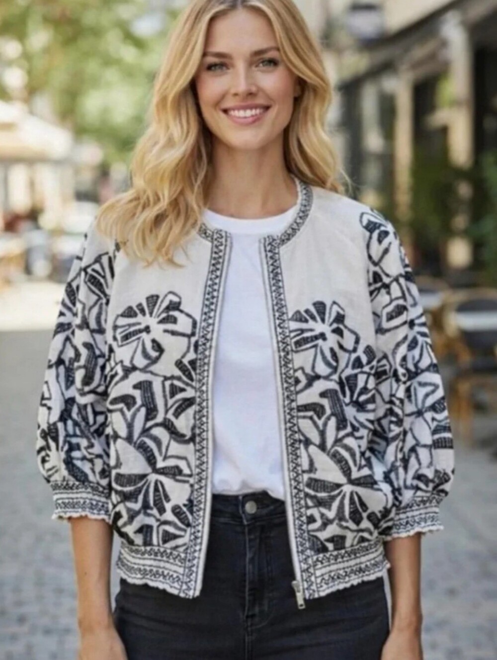 Chico's Women Linen Embroidered Floral Zip Jacket White Black Size XL